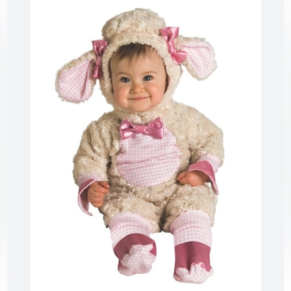 Baby Lamb Costume Jumpsuit Soft Fleece with Headpiece Pink Gingham Rubies 0-6 M - Picture 15 of 16